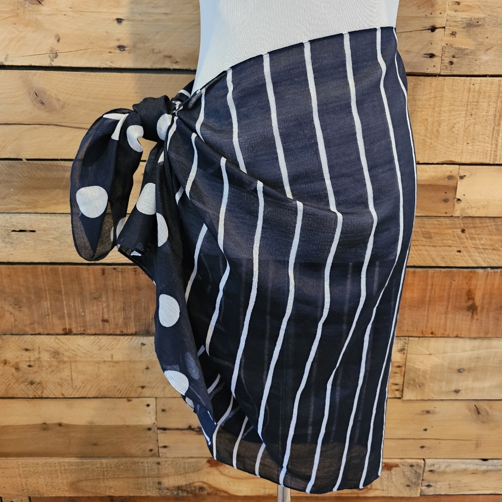 Navy/white semi-sheer polka dot & striped infinity scarf/cover-up - Picture 2 of 8